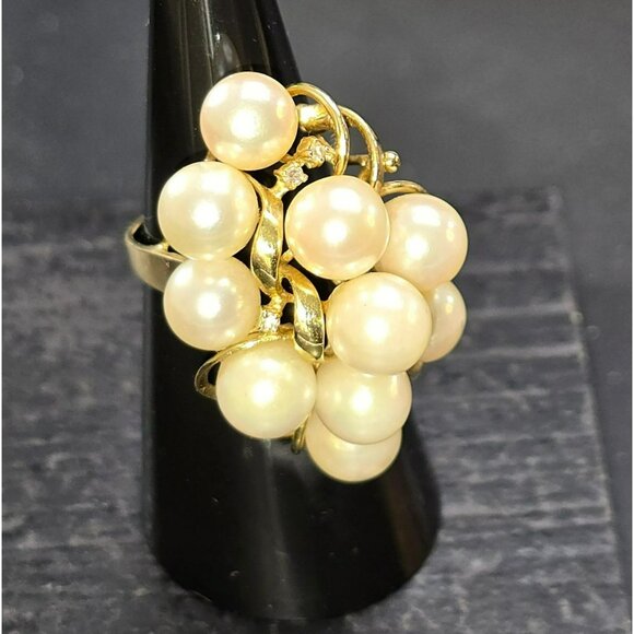 Vintage 14K Gold Cocktail Ring With Cultured Pearls & Diamonds Size 6.75 HS81 - Picture 1 of 16